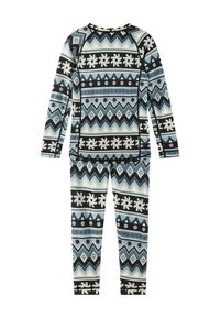 Zweiteiliges Thermo-Set mit einem geometrischen Muster in Blau, Schwarz und Creme, mit langen Ärmeln und enger Passform. Weicher, elastischer Stoff.