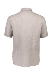 Camicetta a maniche corte in lino beige chiaro, con colletto classico e vestibilità rilassata. La vista posteriore mostra una texture liscia e semplice senza decorazioni.