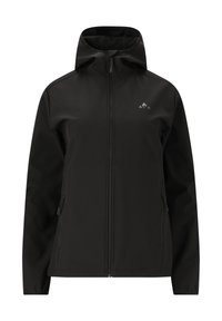 Veste noire à capuche zippée, manches longues et poches latérales zippées, avec un petit logo réfléchissant sur le côté gauche de la poitrine.
