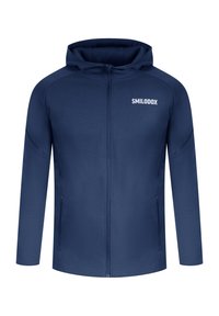 Sudadera con cremallera de color marino hecha de un tejido suave y ligero. Presenta una capucha, bolsillos con cremallera y un logo blanco en el pecho. Diseño simple.
