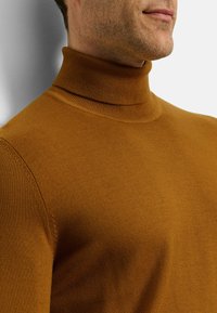 Bronzefarbener Rollkragenspullover aus glattem Strickstoff. Verfügt über einen hohen Kragen und eine taillierte Passform, mit dezenten Nahtdetails und einem einfarbigen Design.