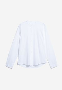 Witte lange mouwen shirt van katoen. Heeft een staande kraag, een knoopsluiting aan de voorkant en een afgeronde zoom. Gladde textuur, minimalistisch ontwerp.
