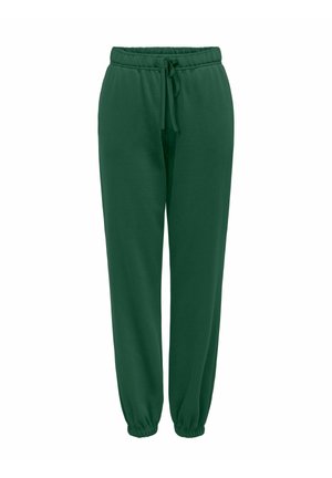 Zielone dresy wykonane z miękkiego materiału, z elastycznym pasem ze sznurkiem i ściągaczami przy kostkach.