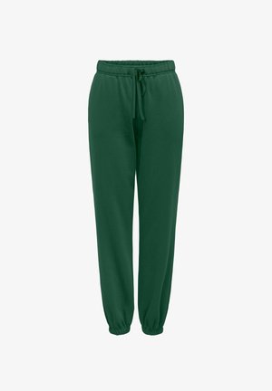 Zielone dresy wykonane z miękkiego materiału, z elastycznym pasem ze sznurkiem i ściągaczami przy kostkach.