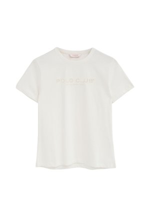 Biały T-shirt z krótkim rękawem i okrągłym dekoltem oraz subtelnym wytłoczonym tekstem "Polo Club" na środku przodu.