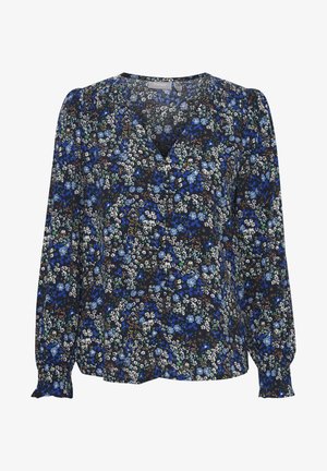 Blusa con stampa floreale, maniche lunghe a sbuffo, scollatura a V e polsini elastici. Presenta fiori blu, bianchi e verdi su uno sfondo nero.