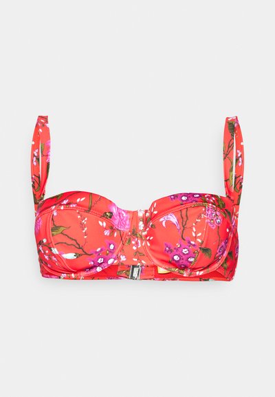 Red floral print bikini top with structured cups, shoulder straps, and metallic clasp detail. Features a vibrant design with pink and green accents.