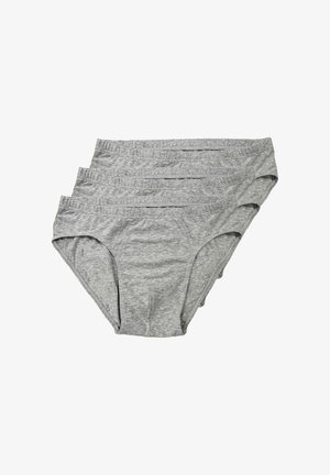 Tre mutande grigie in cotone stile slip, piegate e disposte in una pila su sfondo bianco.