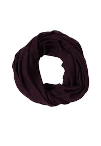 Écharpe violette en tissu doux et texturé. Présente un motif complexe et est enroulée en forme circulaire. Légère et drape facilement.