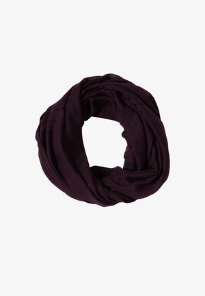Purple scarf with a soft, textured fabric. Features an intricate pattern and is looped in a circular shape. Lightweight and drapes easily.