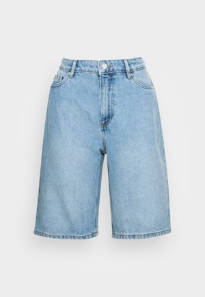 Heledad sinine teksapüksid kõrge vöökohaga, millel on nööbikinnitus, viis taskut ja vabalt langev lõige, mis ulatub keskmise reieni.