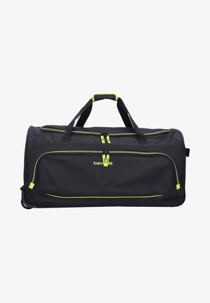Black duffel bag with yellow accents, made from durable material, featuring double zippers, two top handles, and a single side pocket.