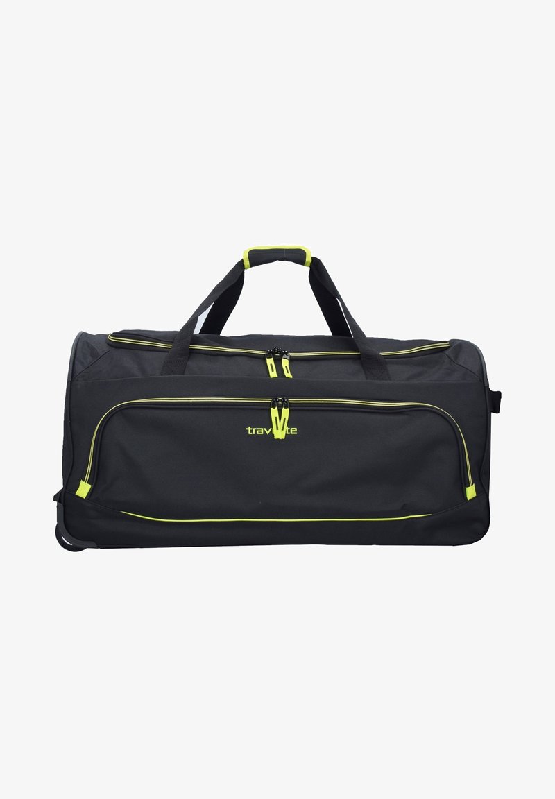 Black duffel bag with yellow accents, made from durable material, featuring double zippers, two top handles, and a single side pocket.