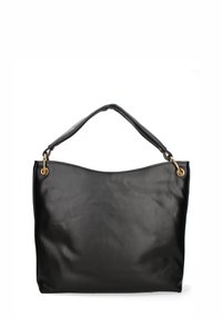 Sac fourre-tout en cuir noir avec une texture lisse, un haut légèrement courbé, des poignées doubles et des accents en métal doré.