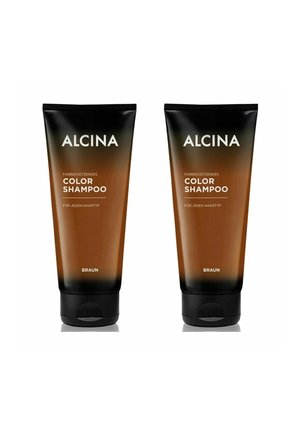 Two dark brown tubes of Alcina Color Shampoo feature black caps and white text, emphasizing color protection for all hair types.