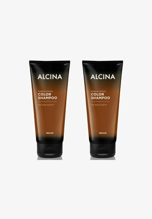 Two dark brown tubes of Alcina Color Shampoo feature black caps and white text, emphasizing color protection for all hair types.