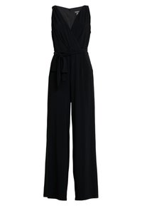 Mono negro con un diseño envolvente, silueta de pierna ancha y un cinturón atado en la cintura. Presenta un escote en V profundo y cierre de cremallera en la espalda.