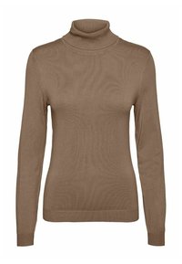 Brauner Rollkragenpullover aus weichem, geripptem Strickstoff. Mit langen Ärmeln und einer taillierten Silhouette sowie einem gerippten Saum.