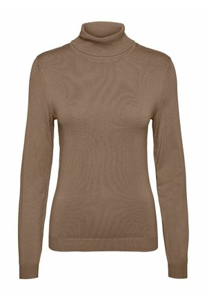 Brązowy sweter z golfem wykonany z miękkiej, prążkowanej dzianiny. Ma długie rękawy i dopasowany krój oraz prążkowany dół.