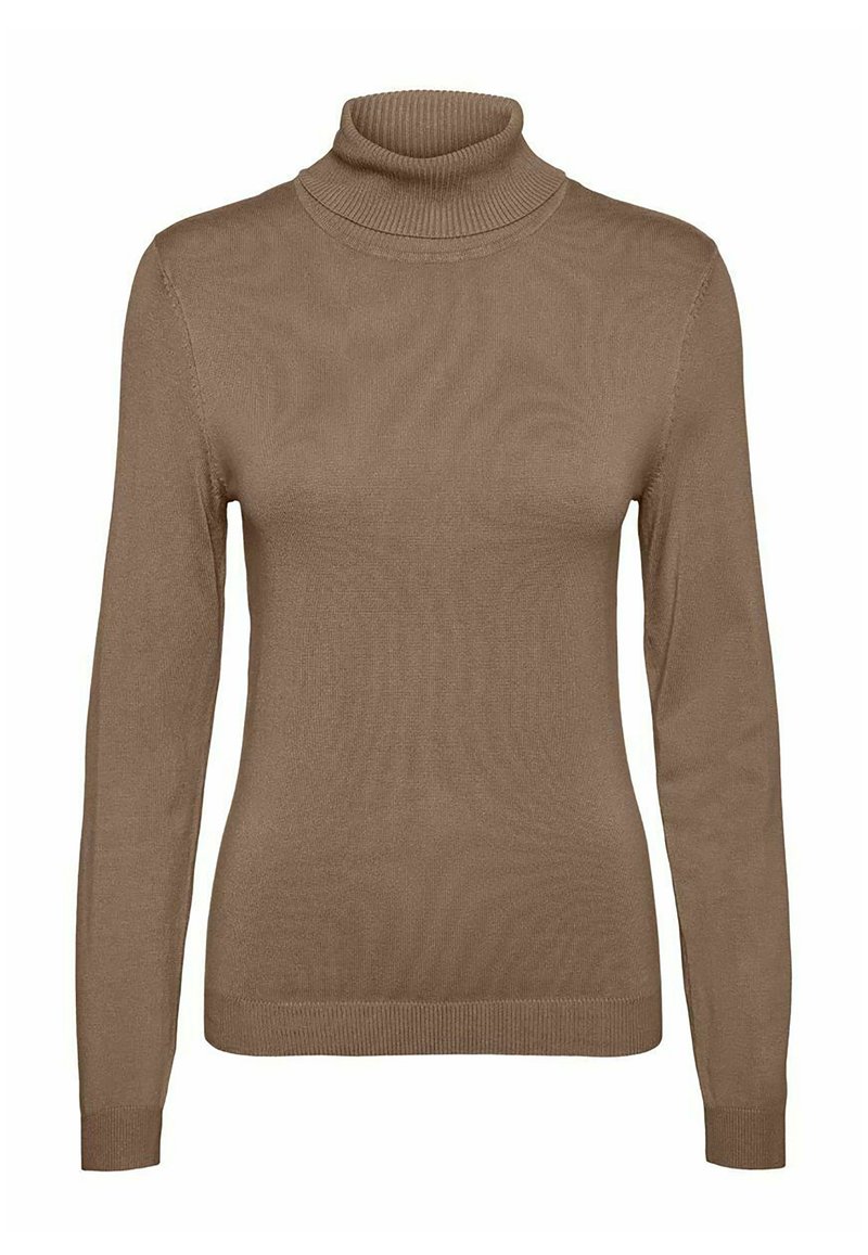 Brauner Rollkragenpullover aus weichem, geripptem Strickstoff. Mit langen Ärmeln und einer taillierten Silhouette sowie einem gerippten Saum.