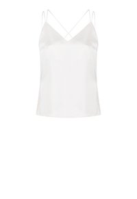 Witte satijnen camisole met dunne, kruislings geplaatste bandjes en een iets losvallende pasvorm. Gladde textuur, klassiek ontwerp en minimale stikseldetails.