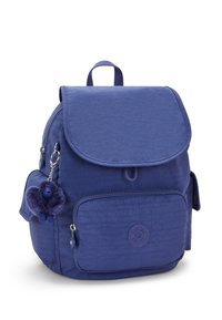 Purple nylon backpack with a rounded shape, flap closure, front zipper pocket, and a furry blue monkey keychain attached.