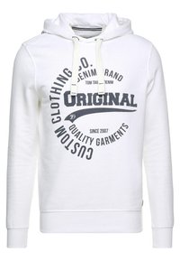 Vit huvtröja i bomull med en framsida grafik i mörkgrått. Har en dragsko i huven och ribbade muddar och nederkant.