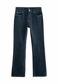 Tmavomodré džíny z denimu so strihom rovného nohavice, ktoré majú päť vreciek, zips na zapínanie a kontrastné švy.