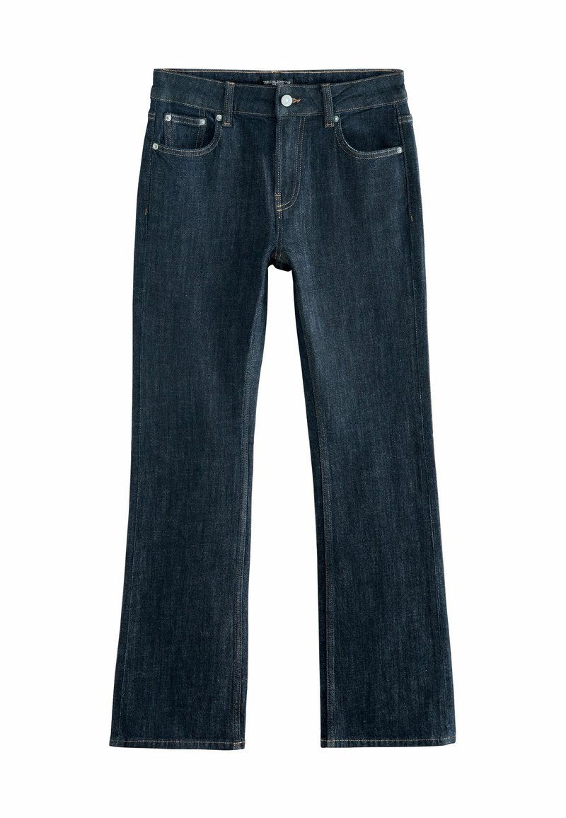 Tmavomodré džíny z denimu so strihom rovného nohavice, ktoré majú päť vreciek, zips na zapínanie a kontrastné švy.