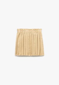 Faltenrock aus beigem Stoff mit weicher Textur. Elastischer Taillenbund, knielang und mit rohem Saum für einen lässigen Look.