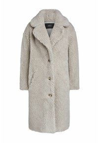 Long manteau teddy beige avec large col, trois boutons sur le devant et poches latérales, en tissu polaire doux et texturé.