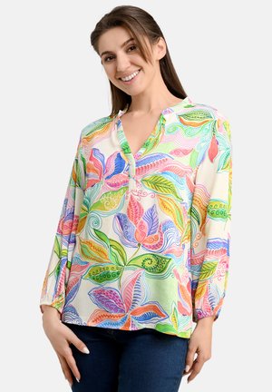 Bunte Blumenbluse mit langen Ärmeln, einem V-Ausschnitt und einem leichten Stoff mit komplizierten Mustern in Pink, Grün, Blau und Orange.
