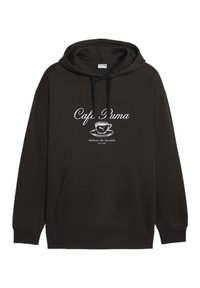 Black hoodie made of cotton-blend material featuring a front pocket, drawstring hood, and white printed text with a coffee cup graphic.