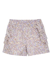 Blommiga shorts med en ljusgul bakgrund och rosa samt blå blommor, elastisk midja och rynkade sidodetaljer.