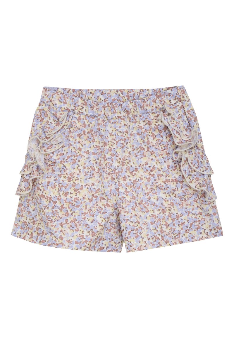 Blommiga shorts med en ljusgul bakgrund och rosa samt blå blommor, elastisk midja och rynkade sidodetaljer.