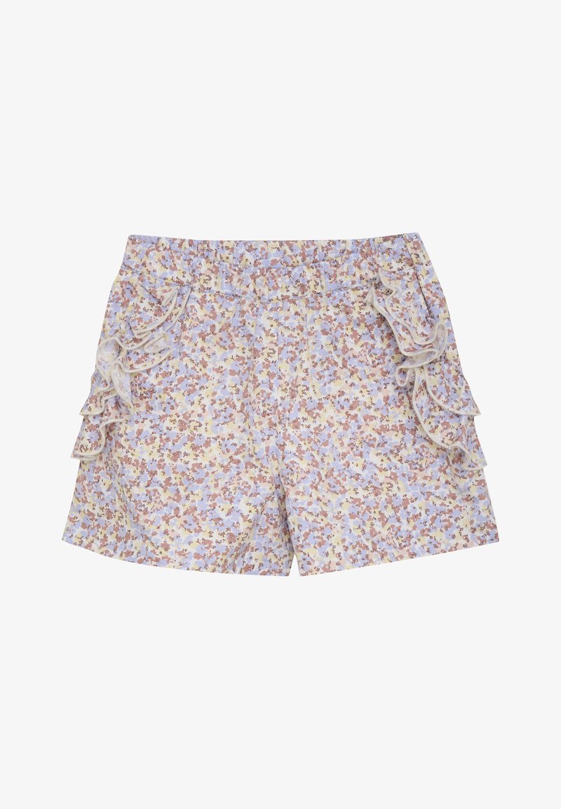 Bloemige shorts met een lichtgele achtergrond en roze en blauwe bloemen, elastische tailleband en rimpelige zijaccenten.