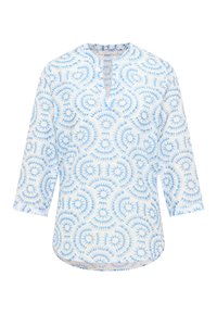 Tunic bianca con motivo a spirale blu tie-dye, maniche a tre quarti e scollo a V. Tessuto morbido con vestibilità rilassata e orlo arrotondato.