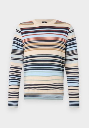 Stripet genser med tynne og tykke horisontale striper i blått, beige, brunt og marineblått. Mykt strikket materiale, rund hals og lange ermer.