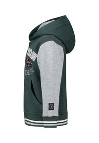 Donkergroene hoodie met grijze mouwen, voorzien van een voorrits, geborduurde brandweervoertuigontwerp, gestreepte manchetten en een logopatch op de mouw.