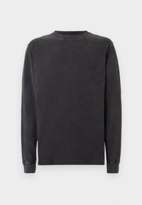 Langärmliger Rundhalsausschnitt-Sweatshirt in Dunkelgrau, hergestellt aus einem weichen Baumwollmix. Verfügt über gerippte Bündchen und einen Halsausschnitt mit einer glatten, leicht strukturierten Oberfläche.