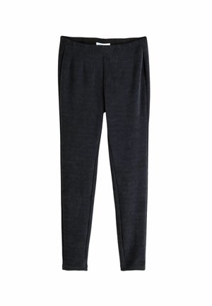 Zwarte geribde slim-fit broek met elastische tailleband, volledige lengte en taps toelopende pijpen.