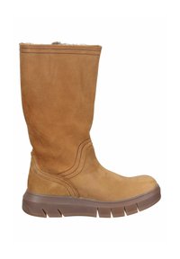 Tanlederstiefel mit strukturierter Oberfläche, Oberschenkelhöhe, mit gepolsteter Sohle und geschichteten Designdetails. Weiche Fellfütterung an der Oberseite.