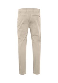 Beige cotton trousers with a straight leg design, featuring two back pockets and a button closure at the waist. Smooth texture.