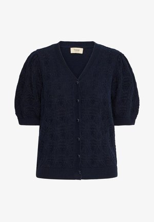 Tmavě modrý pletený cardigan s výstřihem do V, strukturovaným vzorem, krátkými nabíranými rukávy a pěti knoflíkovým zapínáním vpředu.