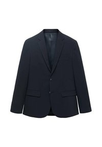 Sacou bleumarin din țesătură netedă, având două buzunare frontale, închidere cu un singur nasture și rever cu colțuri.