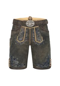 Lædershorts med indviklet blå blomsterbroderi, en tætsiddende pasform, kontrasterende gul syning og træknapdetaljer.