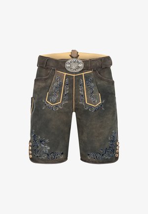 Lædershorts med indviklet blå blomsterbroderi, en tætsiddende pasform, kontrasterende gul syning og træknapdetaljer.