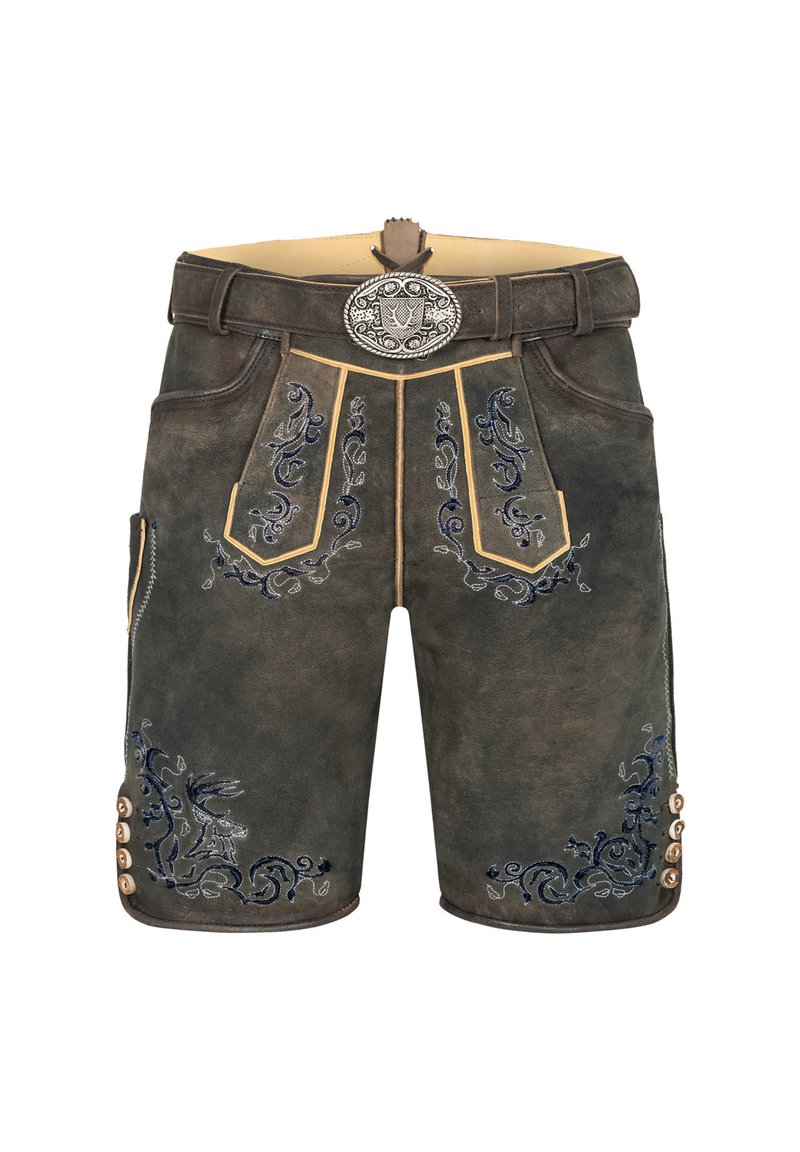 Lædershorts med indviklet blå blomsterbroderi, en tætsiddende pasform, kontrasterende gul syning og træknapdetaljer.