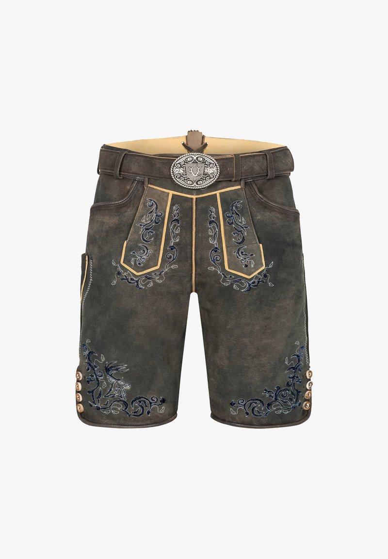 Leather shorts featuring intricate blue floral embroidery, a fitted design, contrasting yellow stitching, and wooden button accents.