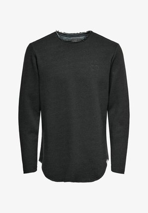 Long-sleeve black sweatshirt with distressed neckline, textured fabric, and a small logo embroidered on the chest. Rounded hemline.
